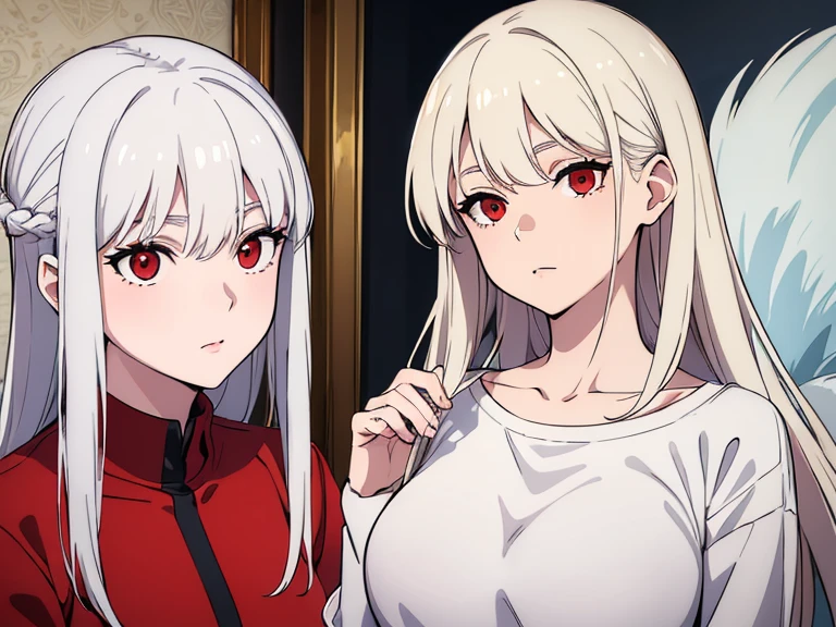 (best quality, highres, ultra-detailed:1.2), realistic, painting, detailed faces, couple, man Fox earl  pale skin, short white hair, red eyes, casual clothing, woman fox earl pale skin, long silver hair, red eyes, casual clothing, fox-like appearance, acostada sobre el, sentada sobre el o por delante de el