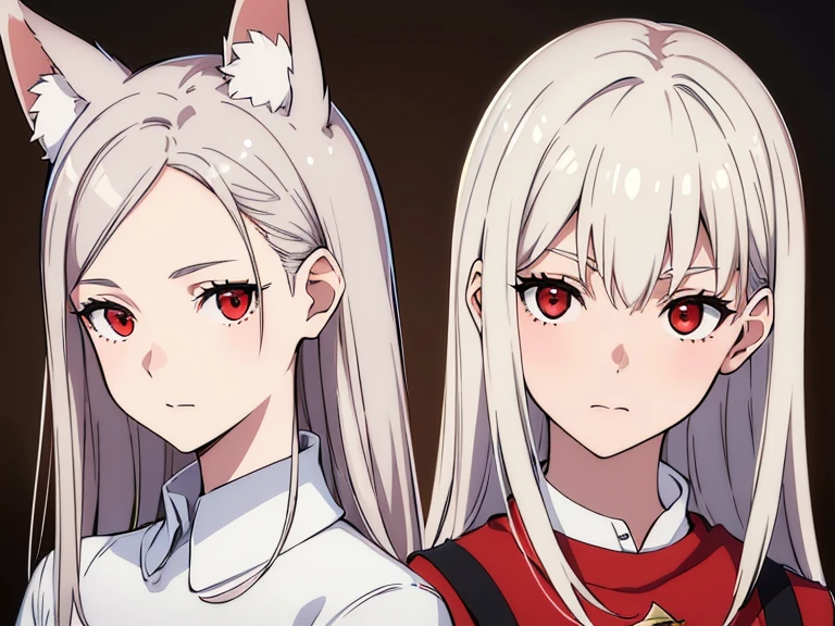 (best quality, highres, ultra-detailed:1.2), realistic, painting, detailed faces, couple, man Fox earl  pale skin, short white hair, red eyes, casual clothing, woman fox earl pale skin, long silver hair, red eyes, casual clothing, fox-like appearance, acostada sobre el, sentada sobre el o por delante de el