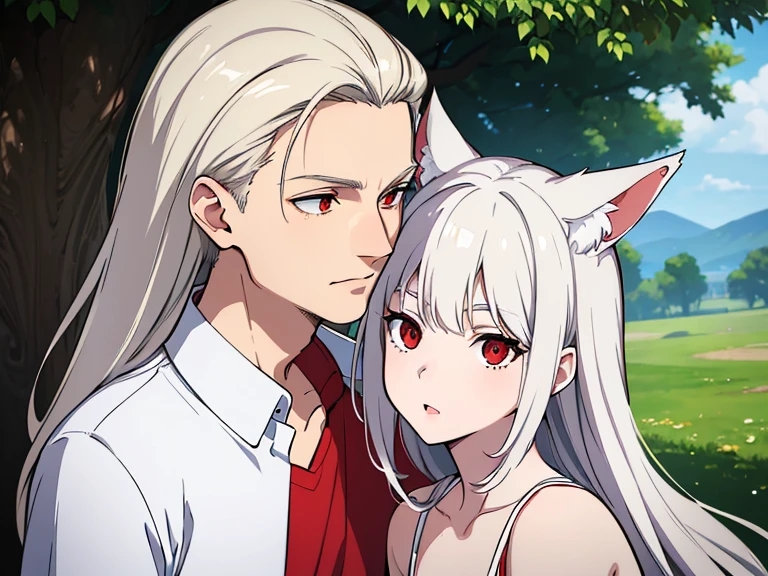 (best quality, highres, ultra-detailed:1.2), realistic, painting, detailed faces, couple, man Fox earl pale skin, short white hair, red eyes, casual clothing, woman fox earl pale skin, long silver hair, red eyes, casual clothing, fox-like appearance, acostada sobre el, sentada sobre el o por delante de el