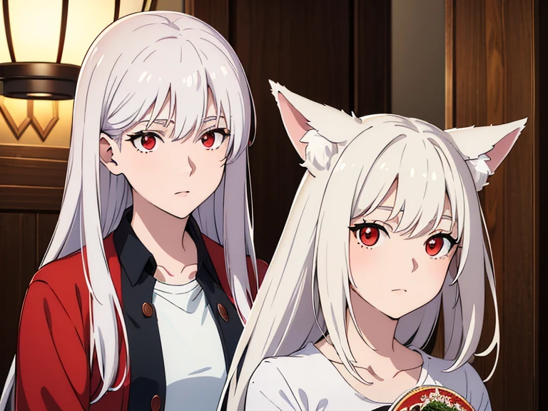 (best quality, highres, ultra-detailed:1.2), realistic, painting, detailed faces, couple, man Fox earl  pale skin, short white hair, red eyes, casual clothing, woman fox earl pale skin, long silver hair, red eyes, casual clothing, fox-like appearance, acostada sobre el, sentada sobre el o por delante de el