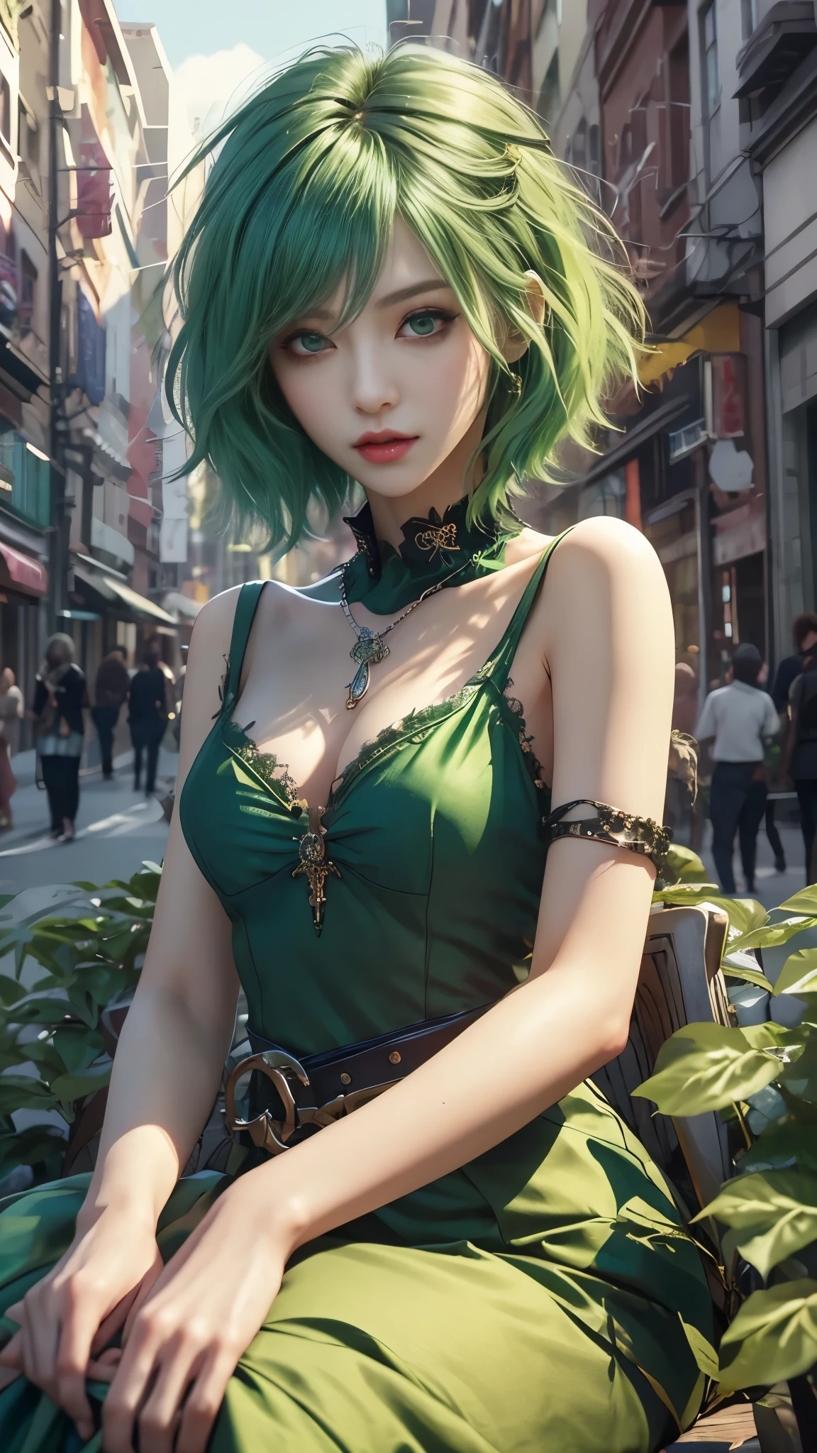 masterpiece, top-quality, ((1womanl)), different green color, finely eye and detailed face, intricate detailes, Casual black and green attire, window, A smile, Happiness, tenderness, high-level image quality、selfee, Beautuful Women、tall、a small face, D-cups, The upper part of the body、nightfall, nighttime scene、𝓡𝓸𝓶𝓪𝓷𝓽𝓲𝓬、Korea person, Idol Photos, Model photo, k pop, Professional Photos, Vampires, Korean fashion in black and green, Fedoman with necklace, inspired by Sim Sa-jeong, androgynous vampire, :9 detailed face: 8, extra detailed face, detailed punk hair, ((eyes are deialed)) baggy eyes, Seductive. Highly detailed, semi realistic anime, Vampires, hyperrealistic , Delicate androgynous princess, imvu, ((short hair woman)), green hair woman with wild look, ((Woman with short green hair)), ((1 persons)), sitting,