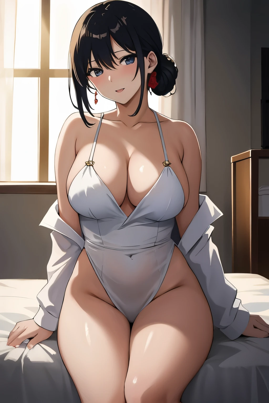 masterpiece, best quality, ultrahigh resolution, exquisitely detailed, Saber Hanako Kagawa, naked, ready to entertain, inviting atmosphere, her room, sensual curves, voluptuous body, embodiment of allure, radiating confidence, soft lighting, curvy hips, sumptuous cleavage, seductively posed, art by popular artists such as Hiroshi Kiyohara or J C.Staff.