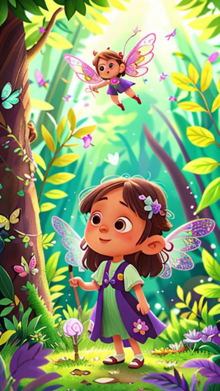 A beautiful little fairy, wearing a lovely violet dress, compassion, empathy, holding a magic wand, flying, in the middle of the enchanted forest, with beautiful wings on her back, perfect quality, clear focus (mess - house: 0.8), (masterpiece: 1.2) (Realistic: 1.2) (Bokeh) (Best quality) (Detailed Skin: 1.3) (Intricate Details) (8K) (Eye Detail) (Sharp Focus)