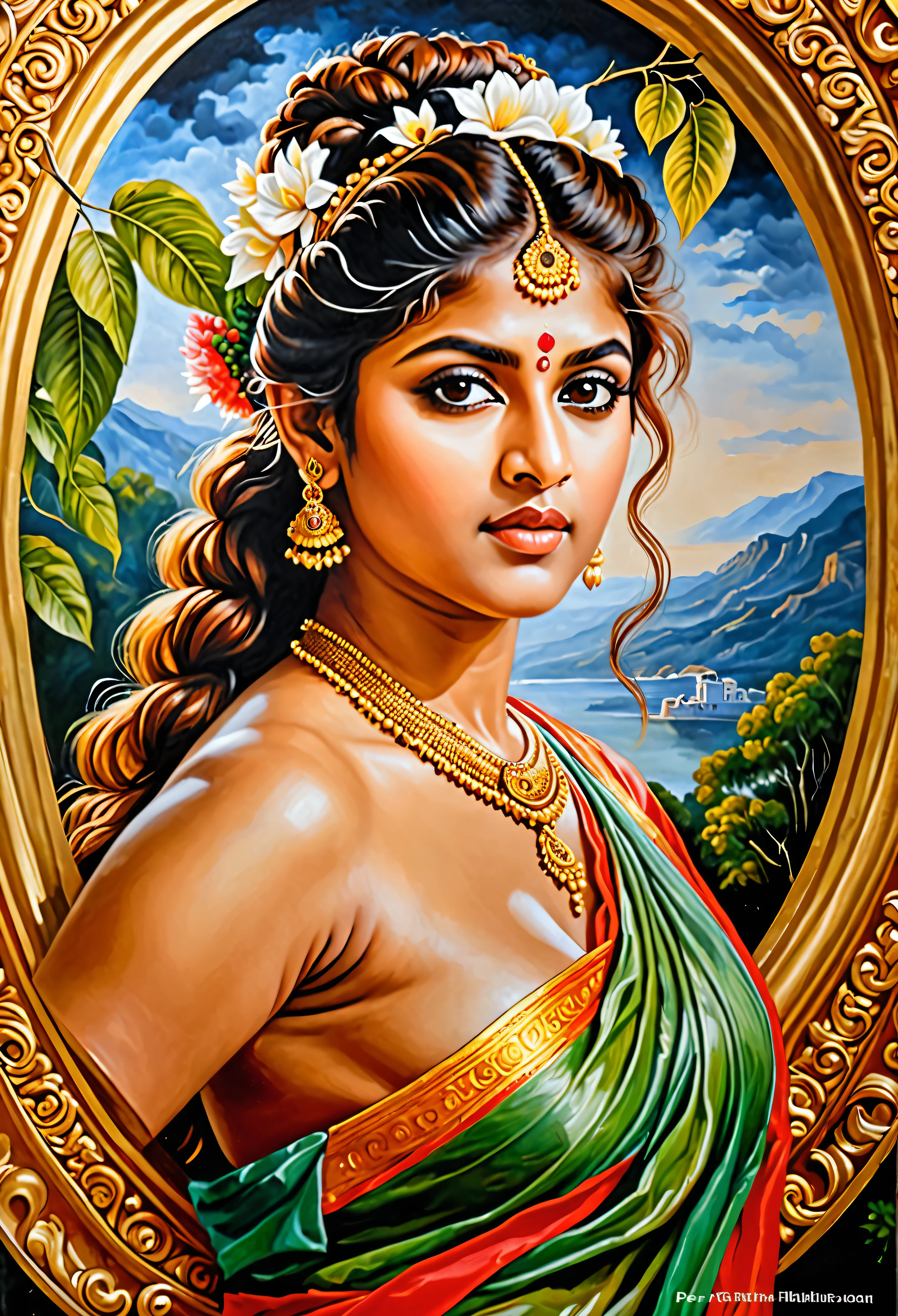 Looks like Nayanthara, exotic Indian art, oviyar maruthi style painting, Masterpiece, Beautiful Thick Woman, Best quality, high clarity eyes, critically flawless,sharp picture, Full portrait, High pixels, perfect face, perfect eyes, beautiful face, perfect hands,perfect fingers, in Peter Paul Rubens style, by Peter Paul Rubens, baroque style, acrylic on canvas, highly detailed, description: "Create a nymph inspired by the tales of Greek or Roman mythology, embodying the essence of a natural element or location, and possessing a unique ability or trait that sets her apart."