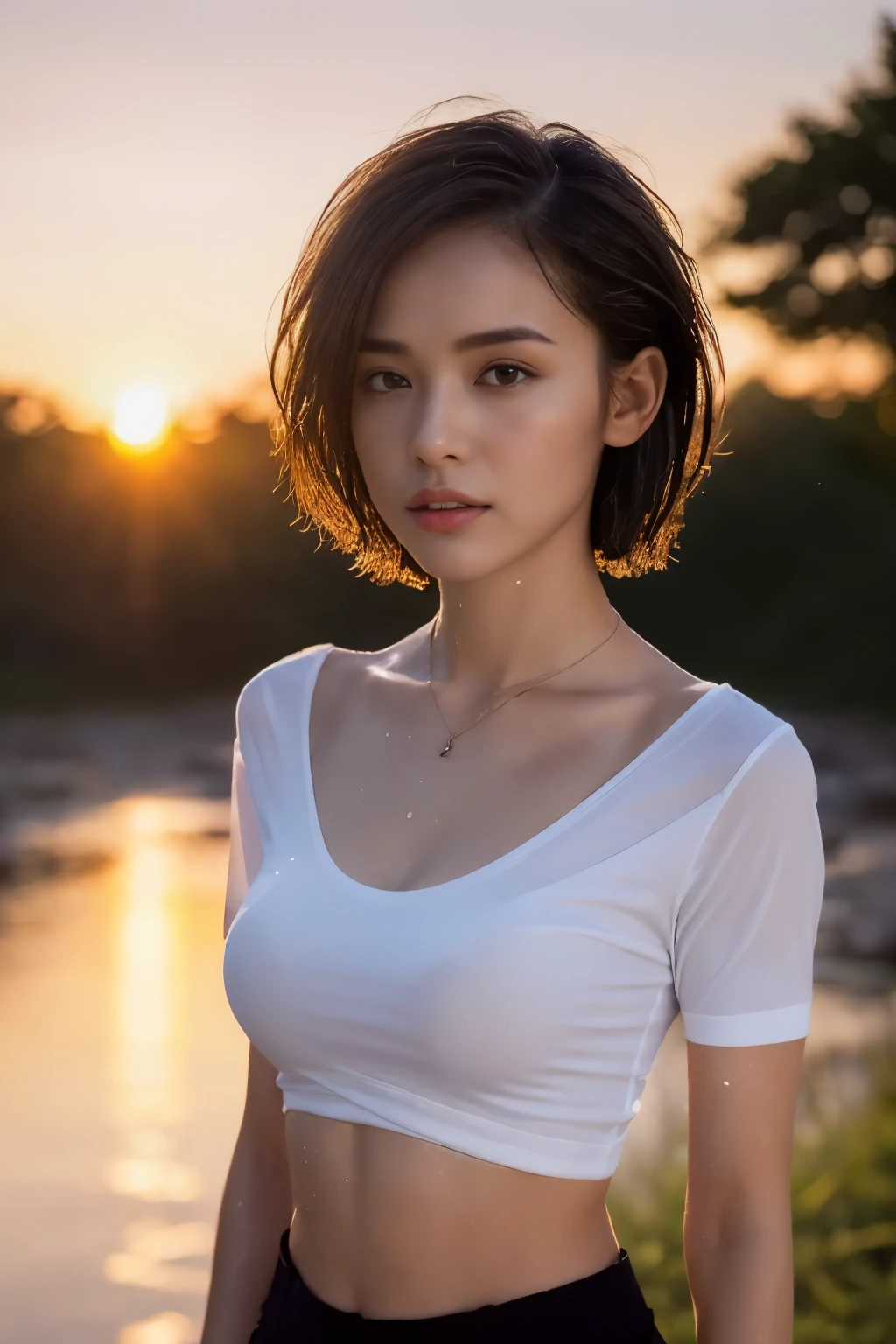 ((top-quality、8K、masterpiece: 1.erfect Body Beauty: 1.4、Slender Abs: 1.2、Beautiful woman with slender abs:1.3、(Highlight Haircutreast B Cup:1.2), medium breast, round shape breast, perfect shape breast, ((( wear wet T-shirt, wide neck and black strap)), pubic hair,hight pubic bone, necklace, hyperdetailed face、18year old、 Pretty women、(Dark brown short-cut hair), Slim Face、Highly detailed facial and skin texture、very detailed lips、opens legs、top-quality、masterpiece、超A high resolution、(Photorealsitic:1.4), walked forward confidently, long shot , (outdoor), bright background, sunset light,