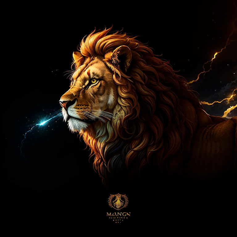 High quality majestic lion logo creation with name "KAYROS SPORT" inscrito debajo. The illustration shows the lion in all its glory, con una melena detallada y poderosa que enmarca su rostro. The cinematic light illuminates his golden eyes, They radiate fierce energy and determination. Every curl of her hair is meticulously rendered., resaltando su fuerza y majestuosidad. The lion emerges from a dark and mysterious background, resaltando su presencia dominante. El logotipo es una verdadera obra ma