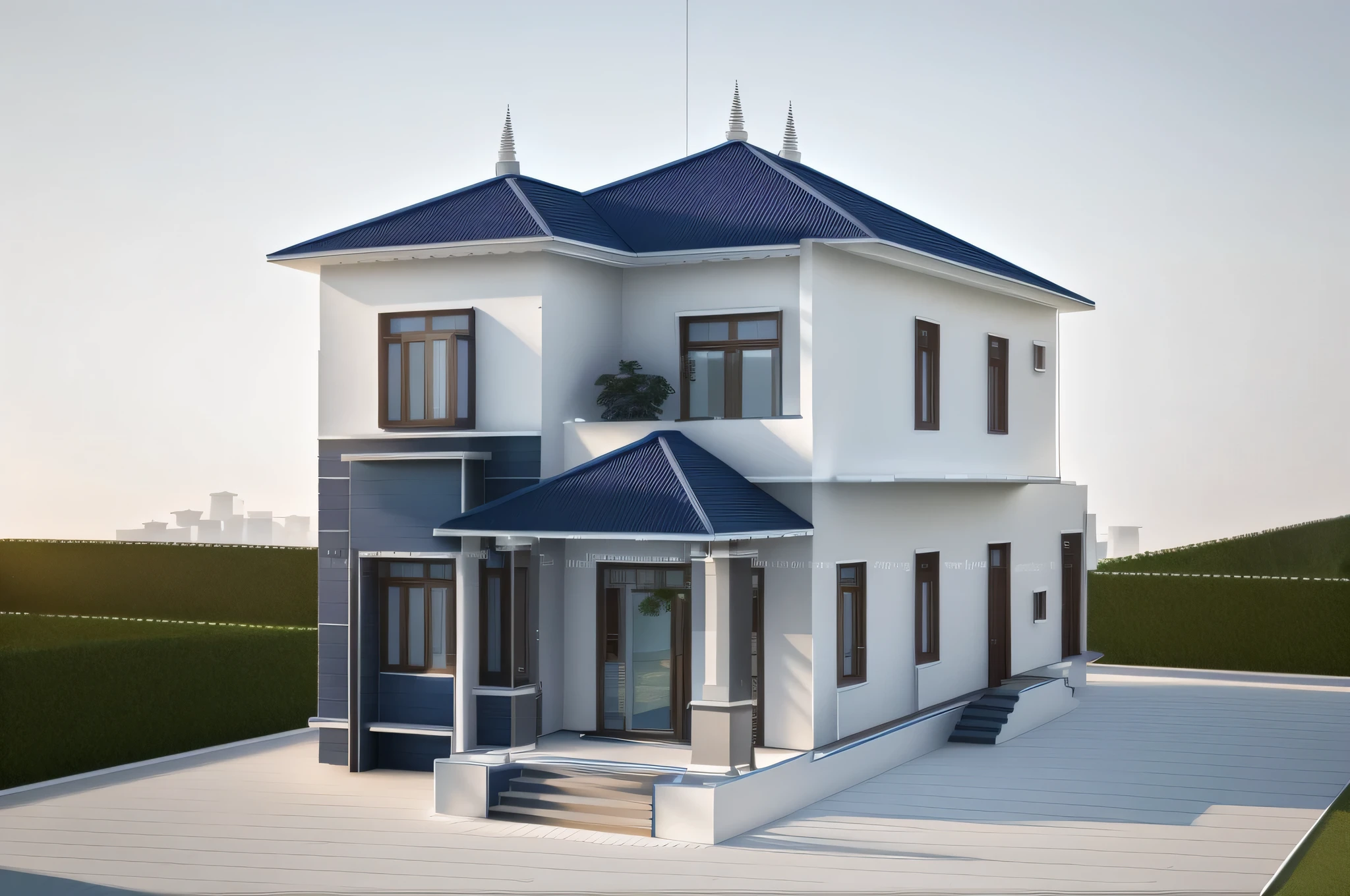 a close up of a house with a blue sky in the background, frontview, complete house, front elevation view, 3 d rendering, 3d rendering, with 3d render, with 3 d render, front-view, inter dimensional villa, 3 d highly detailed, 3d highly detailed, neotraditional modern, vue 3d render, an extremely detailed building