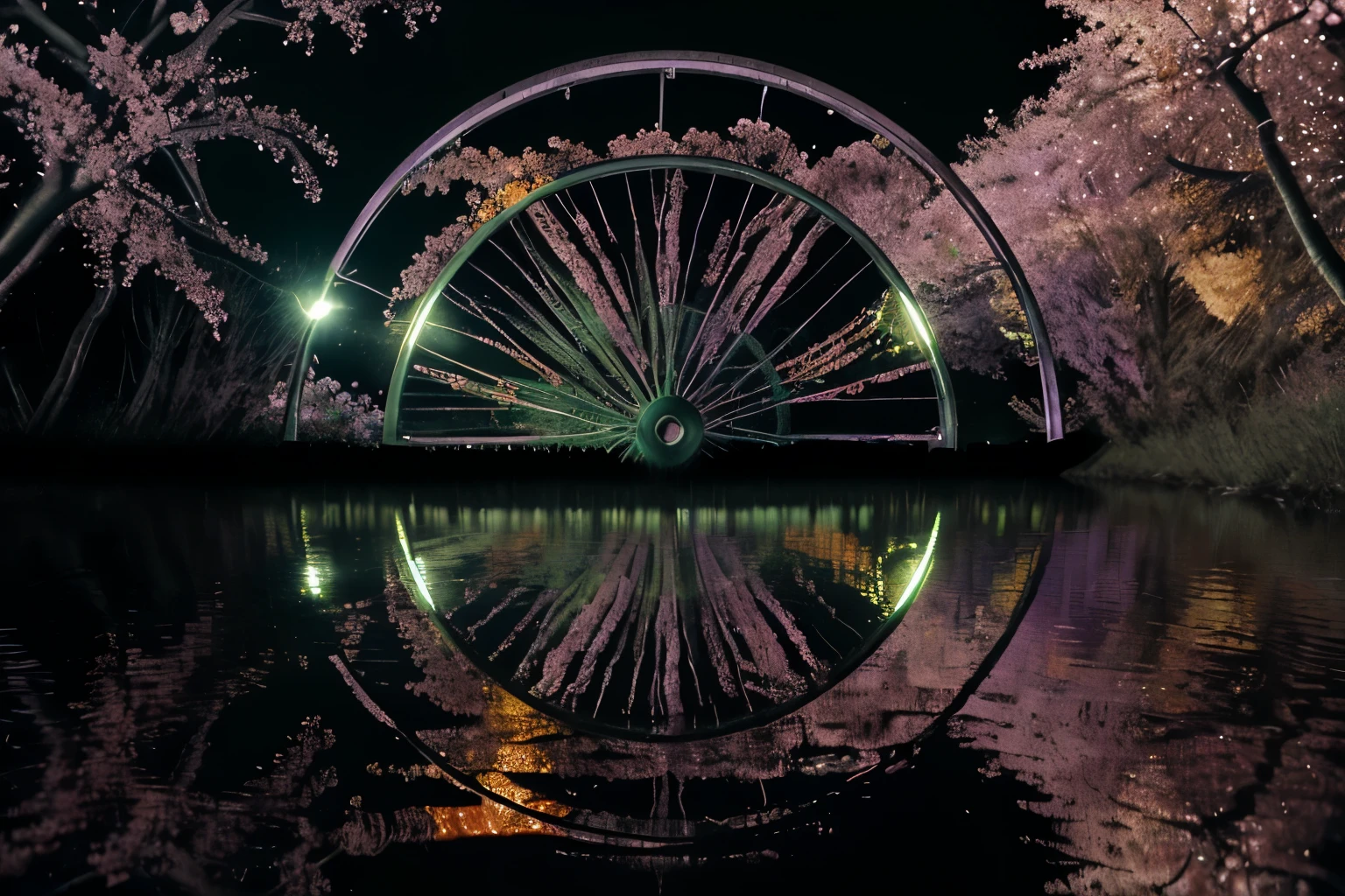 Dark image of a river at night with the reflection of the moon, a pink-purple river, crystal clear water, surrounded by orange flowers and a wheel with a green reflection.
