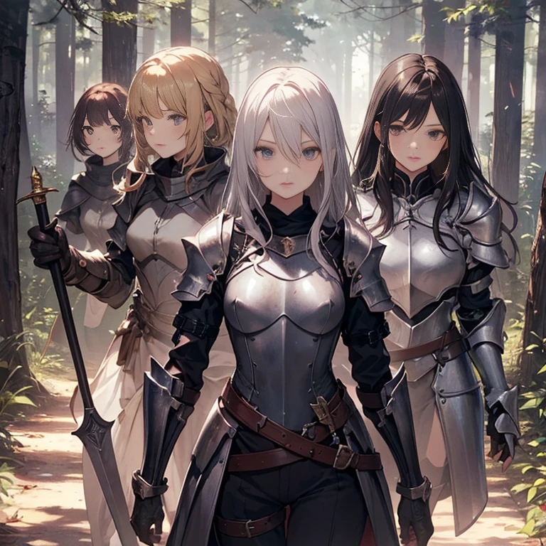A group of  female knights, (in forest), various hair styles, harem, wearing armored clothes, metal armor, night, details face, trousers, seducing, sword,