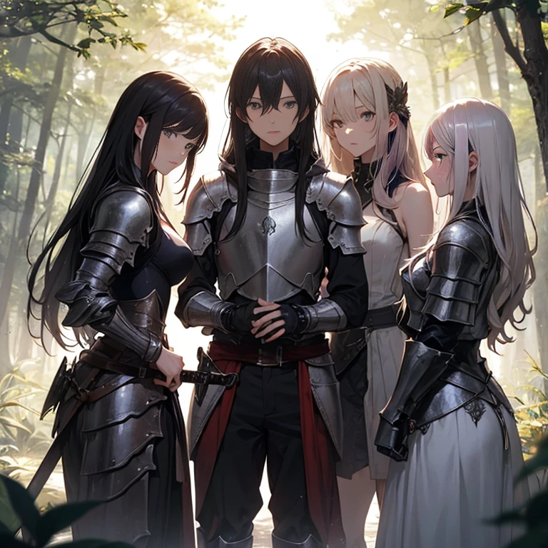 A group of female knights, (in forest), various hair styles, harem, wearing armored clothes, metal armor, night, details face, trousers, seducing, sword,