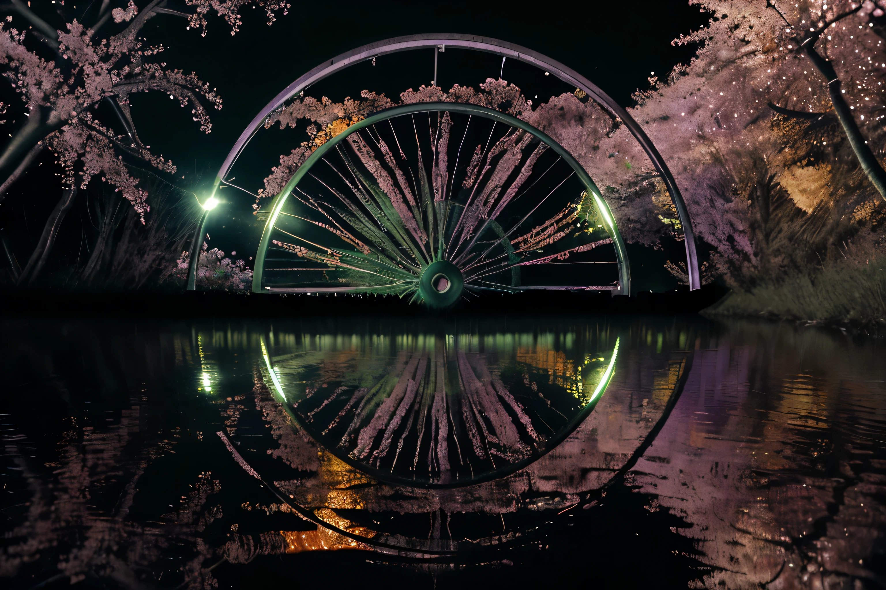 Dark image of a river at night with the reflection of the moon, a pink-purple river, crystal clear water, surrounded by orange flowers and a wheel with a green reflection.