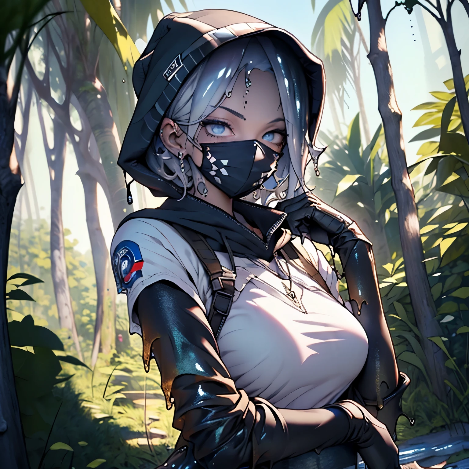  Adult, Androgynous, Assassin, ((( Plasmiod ))), Beautiful, Black Hood, Mask, Athletic, Thin, Silver Hair, Shorthair, Blue Eyes, Smiling, Jungle, 3D, Cinematic, HDR, Very Detailed, HD, Background, RTX, 2K, Masterpiece, RE3Jill, ((( Slime Translucid body ))), Full Body, Very Detailed, HD, 3D, Masterpiece