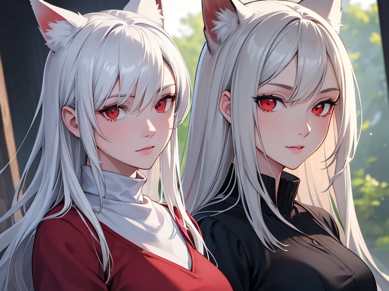 (best quality, highres, ultra-detailed:1.2), realistic, painting, detailed faces, couple, man Fox earl  pale skin, short white hair, red eyes, casual clothing, woman fox earl pale skin, long silver hair, red eyes, casual clothing, fox-like appearance, acostada sobre el, sentada sobre el o por delante de el