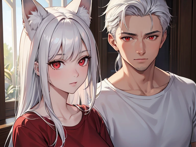 (best quality, highres, ultra-detailed:1.2), realistic, painting, detailed faces, couple, man Fox earl  pale skin, short white hair, red eyes, casual clothing, woman fox earl pale skin, long silver hair, red eyes, casual clothing, fox-like appearance, acostada sobre el, sentada sobre el o por delante de el