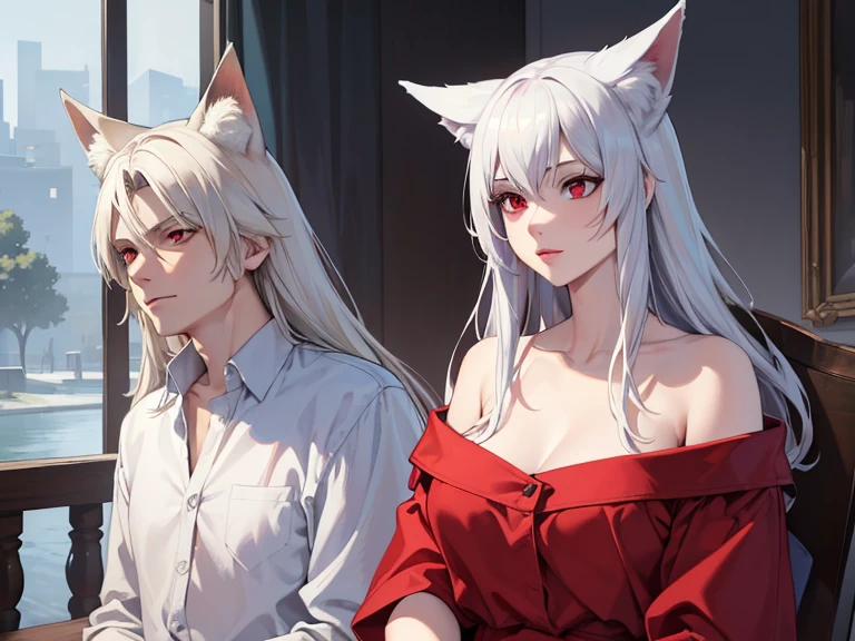 (best quality, highres, ultra-detailed:1.2), realistic, painting, detailed faces, couple, man Fox earl  pale skin, short white hair, red eyes, casual clothing, woman fox earl pale skin, long silver hair, red eyes, casual clothing, fox-like appearance, acostada sobre el, sentada sobre el o por delante de el