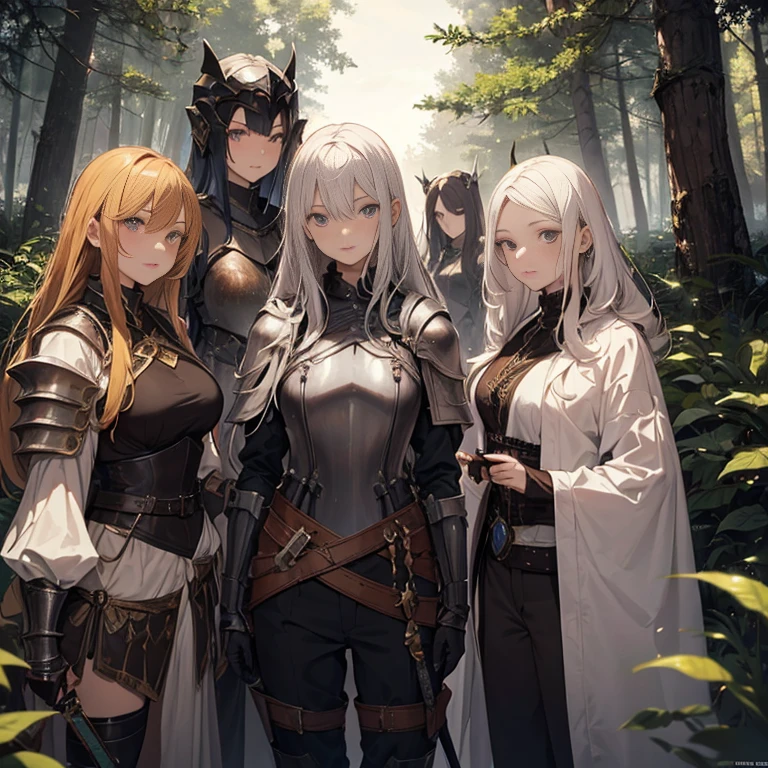 A group of female knights, (in forest), various hair styles, harem, wearing armored clothes, metal armor, night, details face, trousers, seducing, sword,