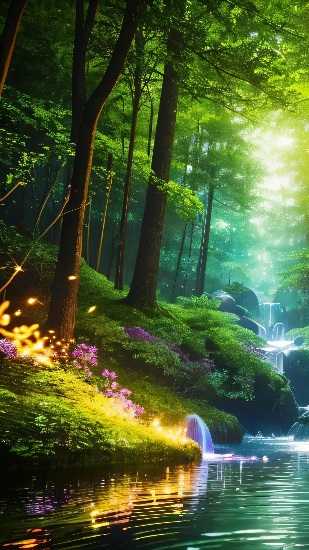 Masterpiece, best quality, (very detailed CG unity 8k wallpaper), (best quality), (best illustration), (best shadows), glow sprite, with a glowing deer, in the swimming pool Drinking water, natural elements in the forest theme. Mysterious forest, beautiful forest, nature, surrounded by flowers colorful, delicate leaves and branches surrounded by fireflies (natural elements), (jungle theme), (leaves), (twigs), (fireflies), (particle effects) etc. 3D , Octane rendering, ray tracing, super detailed