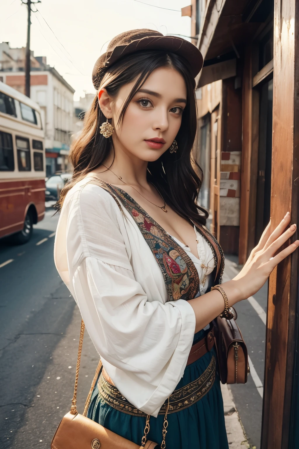 Beautiful woman in cluttered urban vintage bohemian outfit, different actions,