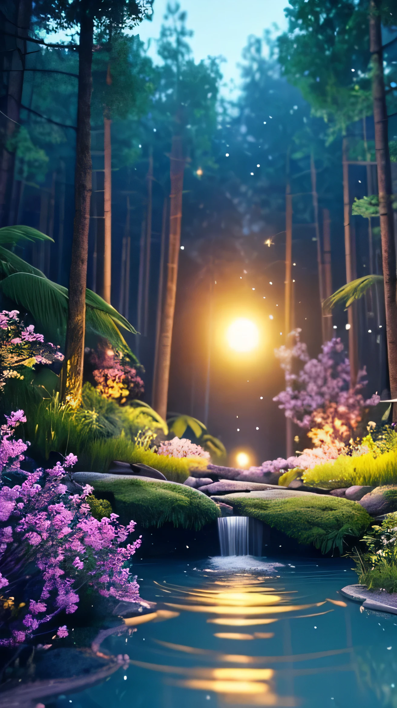 Masterpiece, best quality, (very detailed CG unity 8k wallpaper), (best quality), (best illustration), (best shadows), glow sprite, with a glowing deer, in the swimming pool Drinking water, natural elements in the forest theme. Mysterious forest, beautiful forest, nature, surrounded by flowers colorful, delicate leaves and branches surrounded by fireflies (natural elements), (jungle theme), (leaves), (twigs), (fireflies), (particle effects) etc. 3D , Octane rendering, ray tracing, super detailed