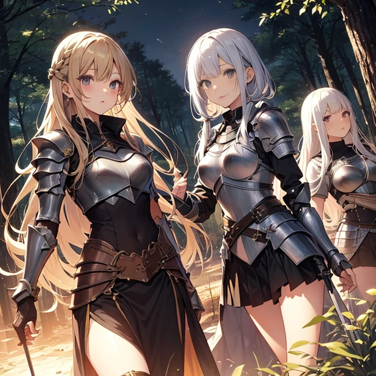 A group of  female knight, (in forest), various hair styles, harem, wearing armored clothes, metal armor, night, details face, , short skirt, seducing, sword 