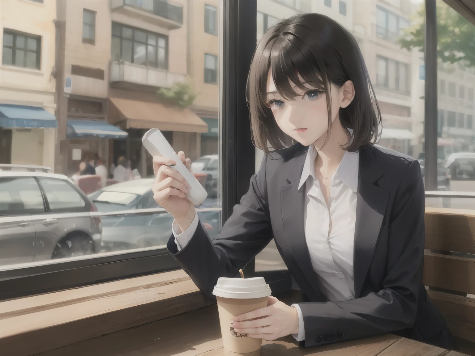 
Woman drinking coffee at a coffee shop, outdoor,suit figure、Before work