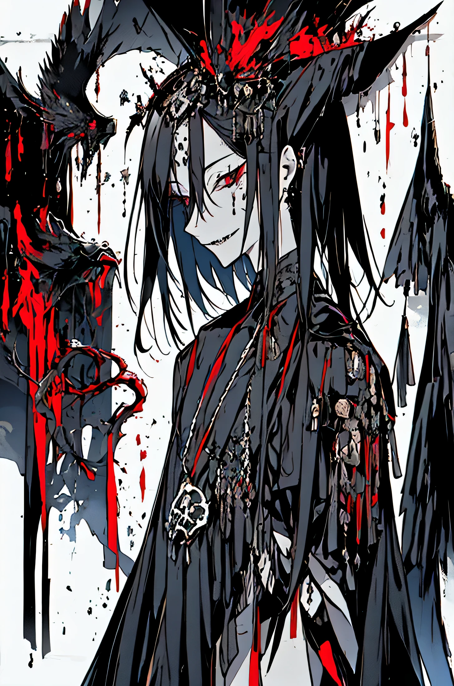 1 man,A young angel of death,Tall figure,scary face,horror,blood(18+),smile,black hair(Very detailed),holding a sickle in hand,Spirit around,black magic