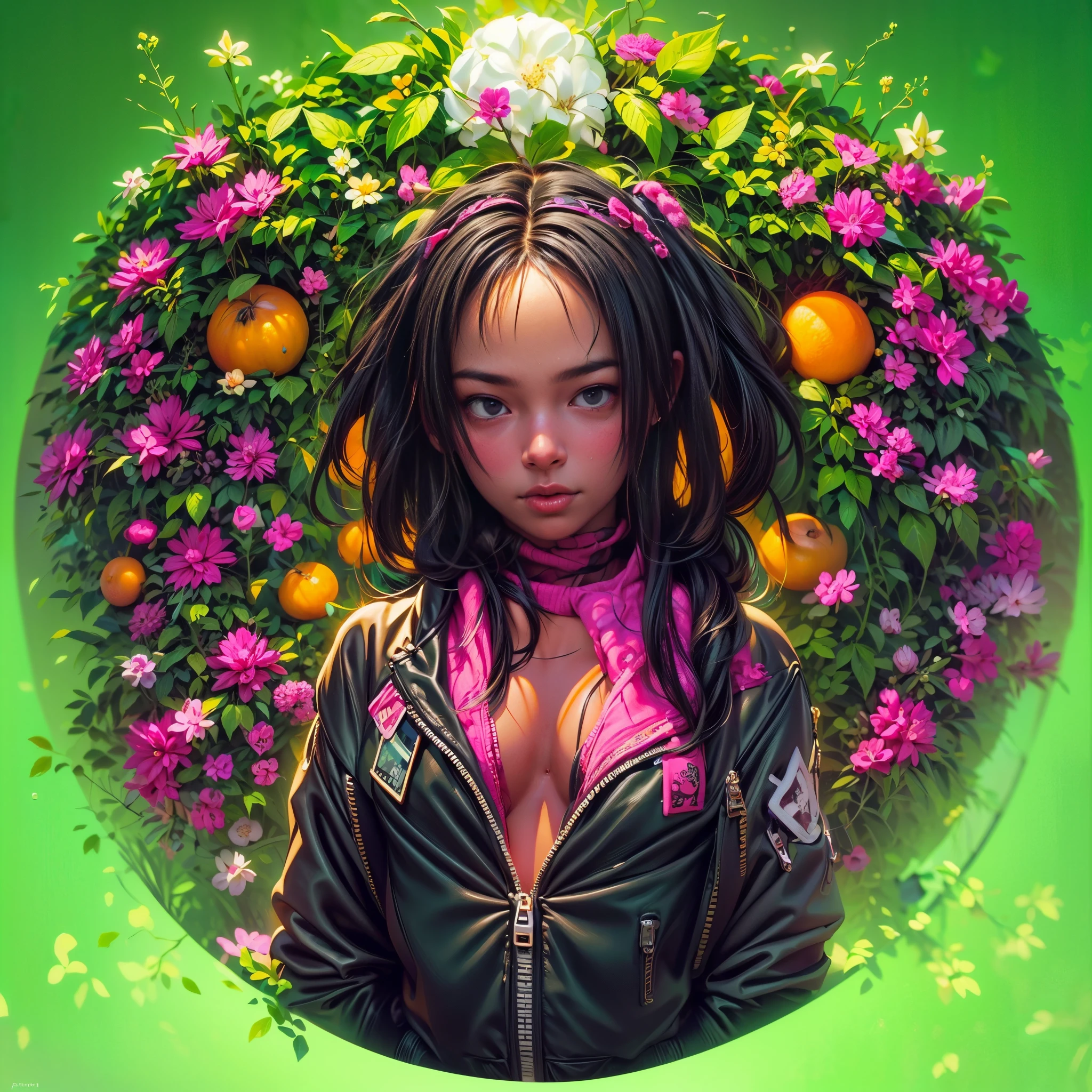 (1 open face girl, very cute).(pretty young black girl, black hair), (green:1.5, orange:1.1, white:1.3, yellow:1.3), (very sexy girl rapper with dreadlocks), (tattoos), (naked parts of the body), (down jacket: 1,2), (Jacket on the naked body, thong, shorts, short T-shirt). (fractal, Cherry blossoms, green leaves, Fog, circles background). (Perfect composition, beautiful detailed complex insanely detailed octane render trending on artstation), (8k fine art photography, photorealistic concept art), (soft natural volumetric cinematic perfect light , chiaroscuro, award-winning photography), (masterpiece, oil on canvas), (Raphael, Caravaggio, Greg Rutkowski, beep, Beksinski, Giger).