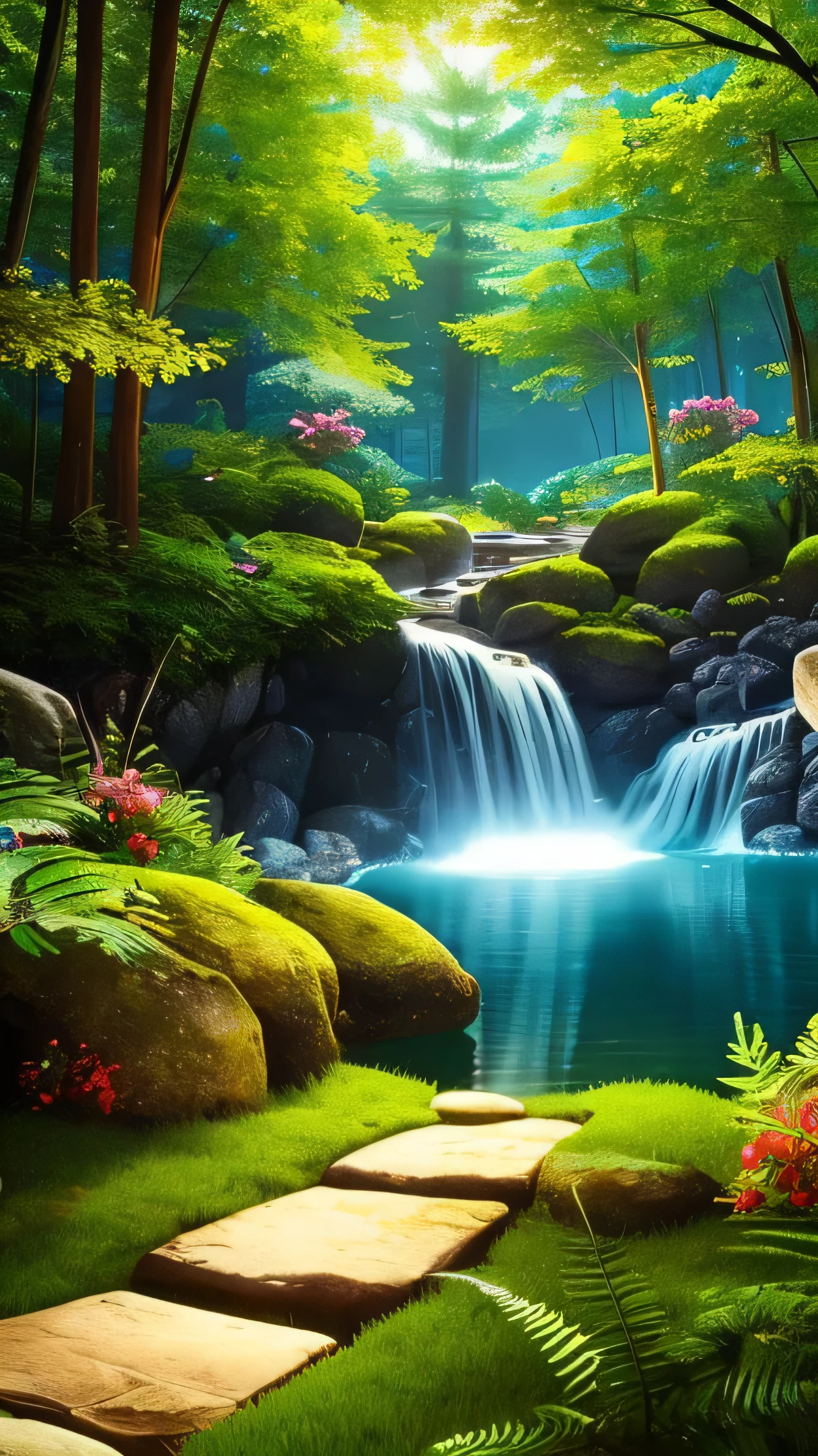 Masterpiece, best quality, (very detailed CG unity 8k wallpaper), (best quality), (best illustration), (best shadows), glow sprite, with a glowing deer, in the swimming pool Drinking water, natural elements in the forest theme. Mysterious forest, beautiful forest, nature, surrounded by flowers colorful, delicate leaves and branches surrounded by fireflies (natural elements), (jungle theme), (leaves), (twigs), (fireflies), (particle effects) etc. 3D , Octane rendering, ray tracing, super detailed