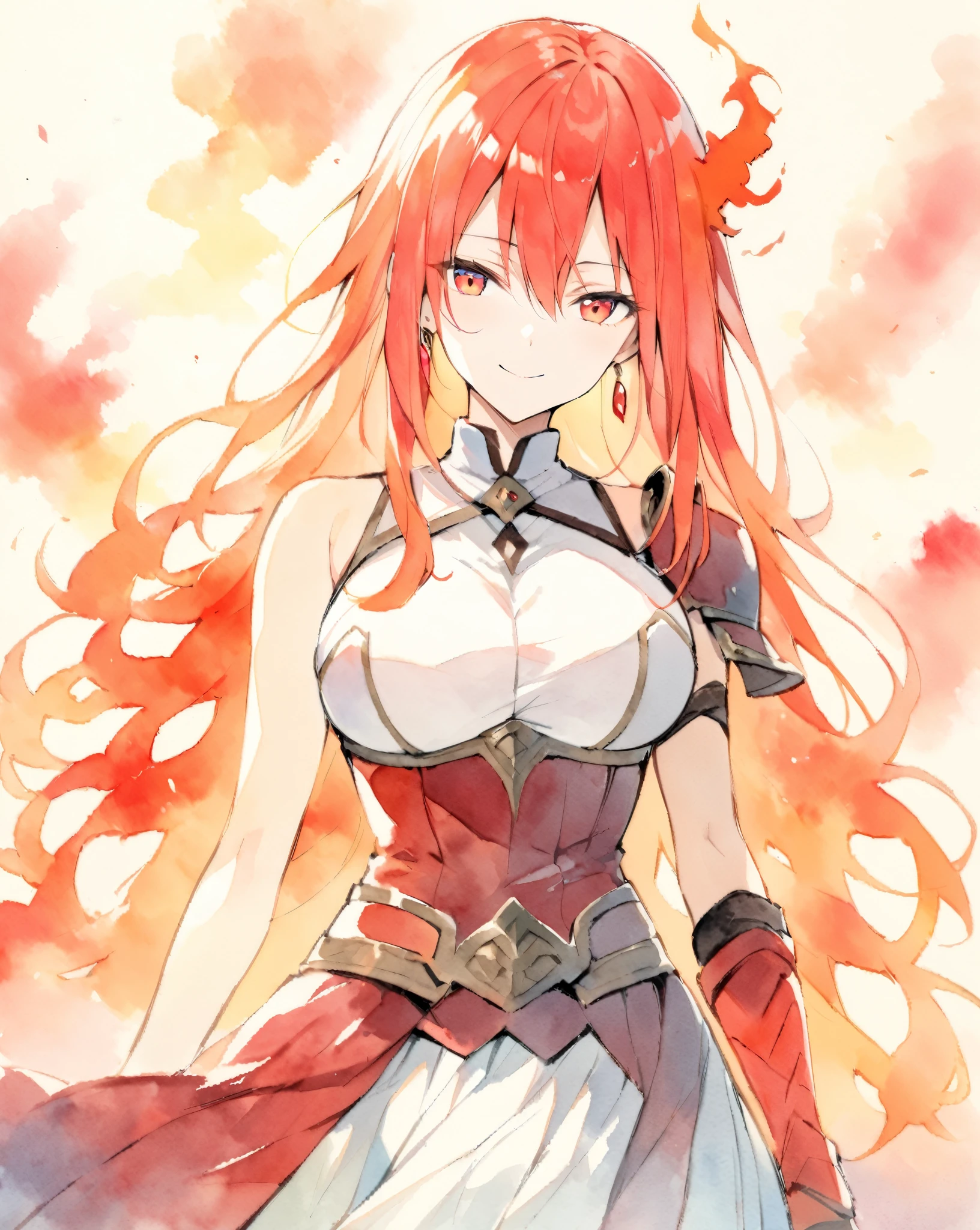 masterpiece, best quality, watercolor (medium), 1 girl, breast, alone, long hair, split, Hair fiery red, red eyes, earrings, Bangs, jewelry, skirt, bare shoulders, sleeveless, hair between eyes, 单pauldron, looking at the audience, large breast, armor, shoulder armor, sleeveless skirt, Upper body, single sleeve, white skirt, pauldron, smile