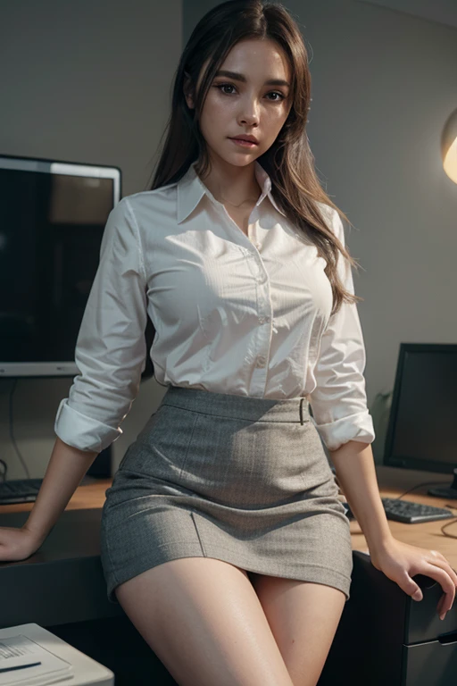 realistic style of a Girl sitting on desktop working office, wearing casual business clothes, suit set and mini skirt, thighs, legs, with background Home work, by wlop , hd highly detailed octane render trending artstation