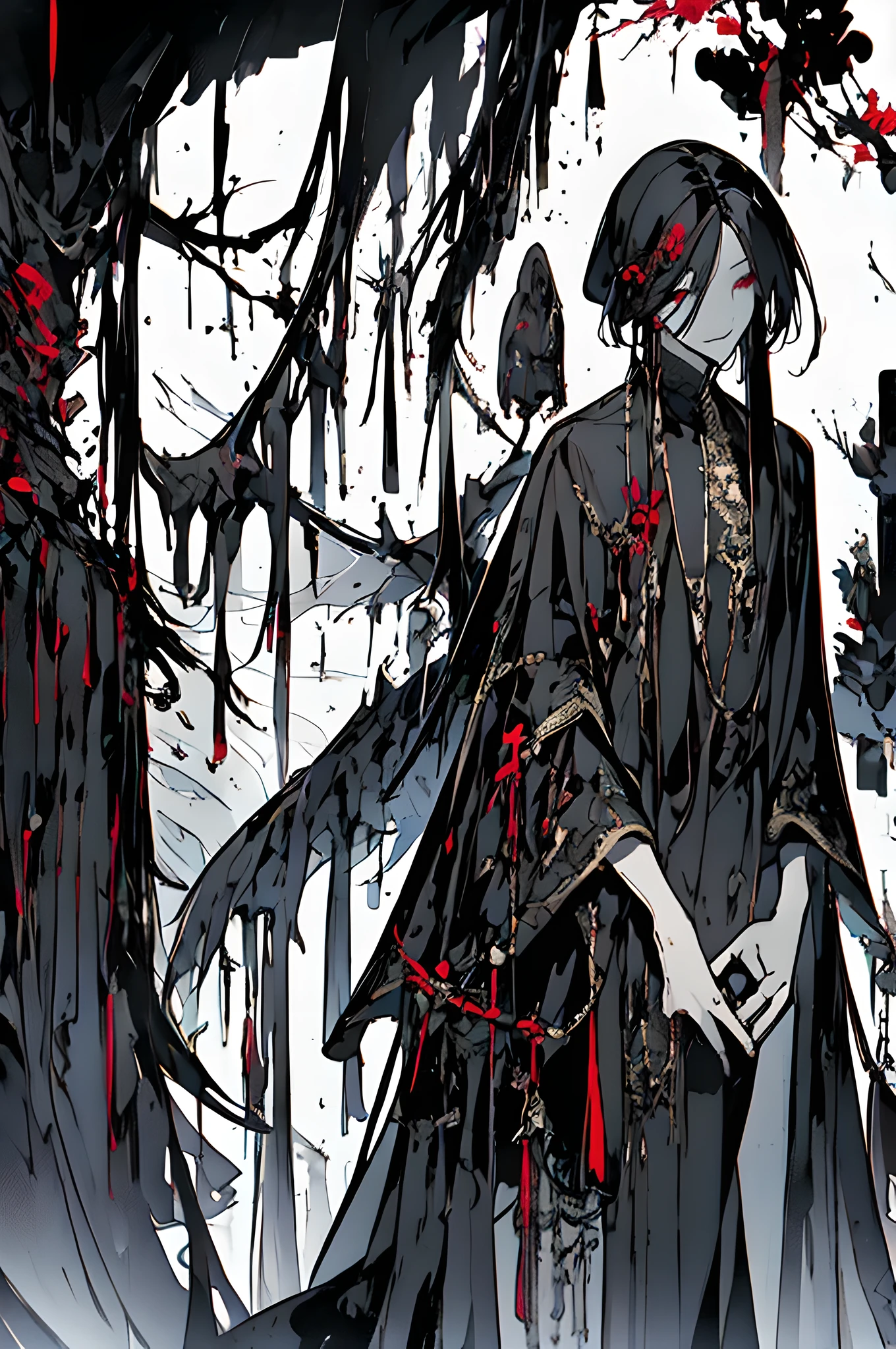 1 man,A young angel of death,Tall figure,scary face,horror,blood(18+),smile,black hair(Very detailed),holding a sickle in hand,Spirit around,black magic