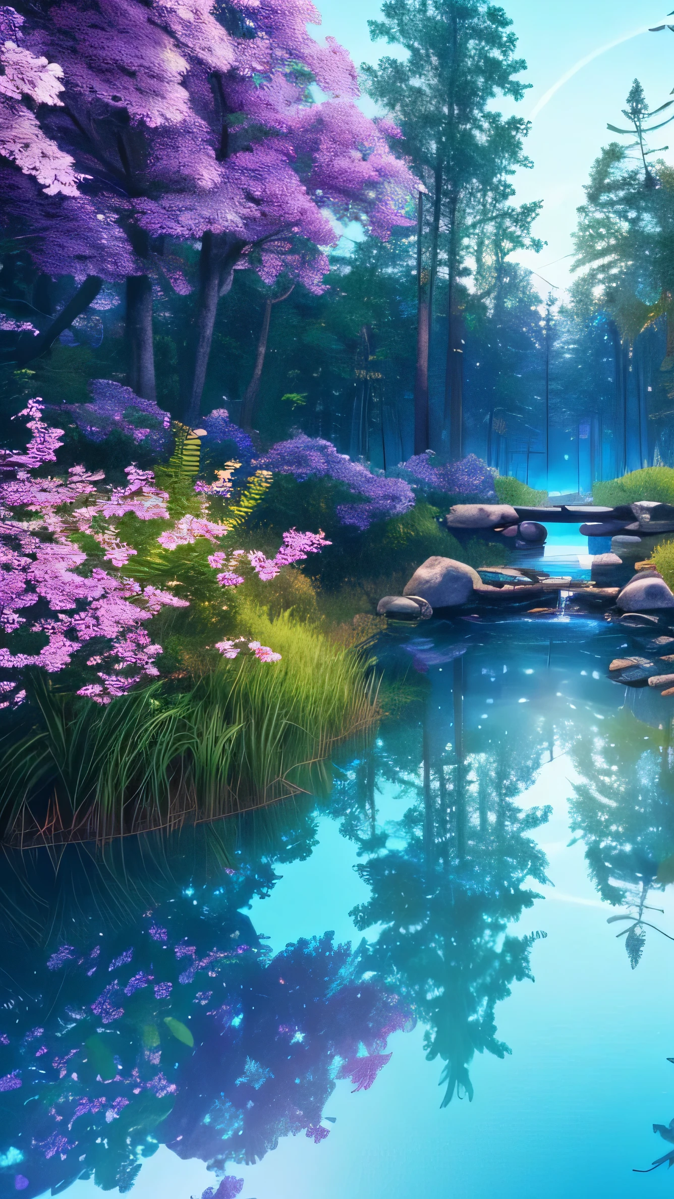 Masterpiece, best quality, (very detailed CG unity 8k wallpaper), (best quality), (best illustration), (best shadows), glow sprite, with a glowing deer, in the swimming pool Drinking water, natural elements in the forest theme. Mysterious forest, beautiful forest, nature, surrounded by flowers colorful, purple flowers,delicate leaves and branches surrounded by fireflies (natural elements), (jungle theme), (leaves), (twigs), (fireflies), (particle effects) etc. 3D , Octane rendering, ray tracing, super detailed