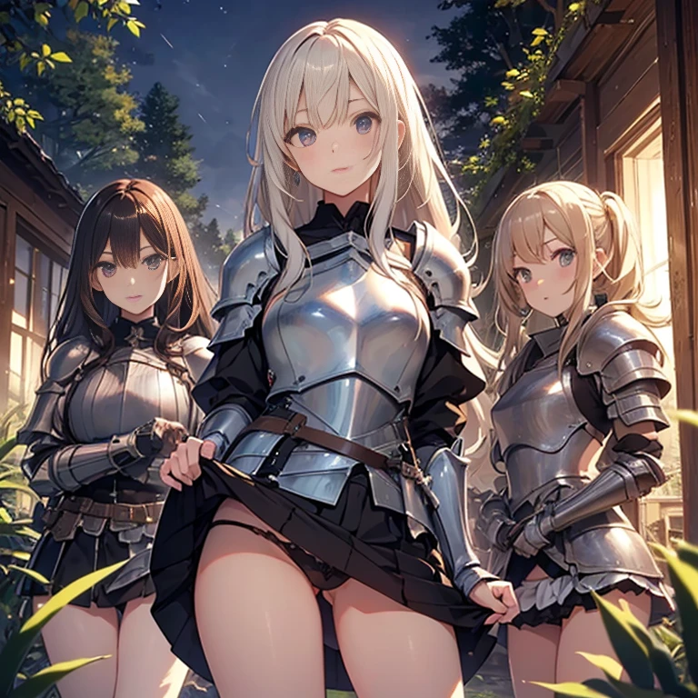 A group of  female knight, (in forest), various hair styles, harem, wearing armored clothes, metal armor, night, details face, , short skirt, seducing, sword, skirt lift