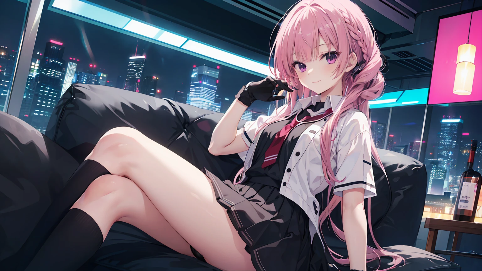 a girl,solo,Long pink hair,gentle,Smile,medium long hair,Distribute,White short sleeves,White short sleeves游戏服,black skirt,black underwear,black gloves,cyberpunk characters,night, night city background,digital punk, anime style 4k, Sitting on the sofa,indoors,in the bedroom,((black high-socks)),mitsukasa ayase、character-centered