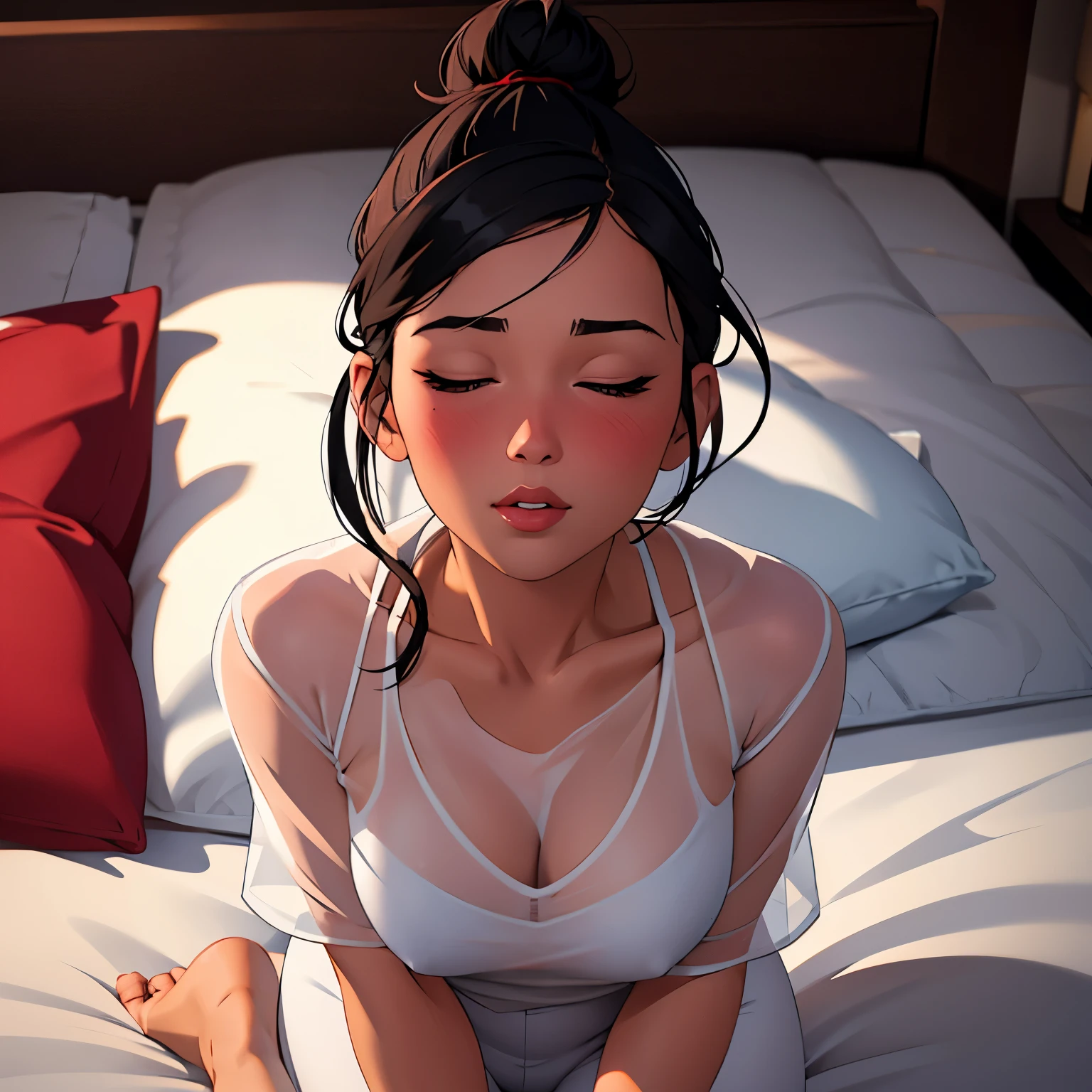 Sexy woman, next door neighbour, black hair, messy bun, seductive look, blushing intensely, flustered, lustful, seductive pose, white see through shirt, red lingerie, white pants, barefoot, very sexy, so hot, lying on her back, in bed, night time, warm lighting