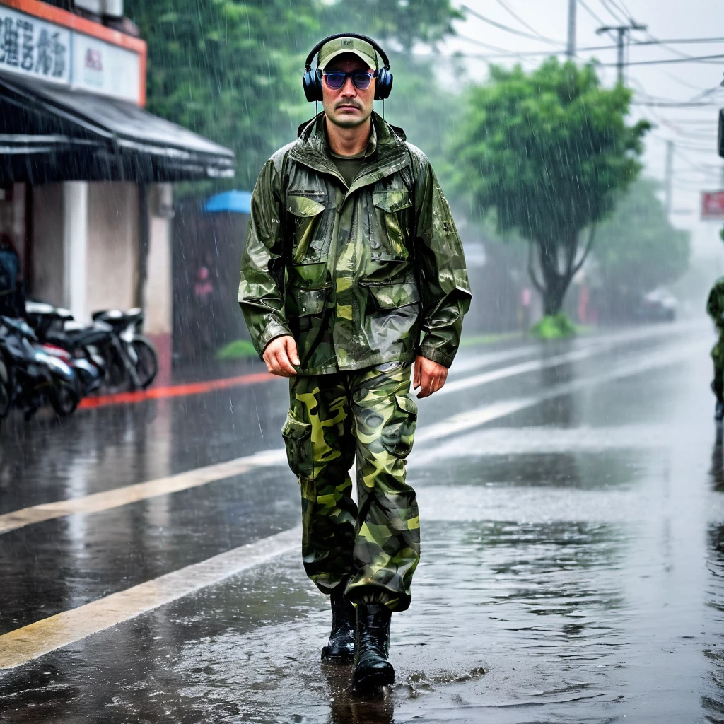 A 40-year-old man, looking at the camera, dressed in a camouflage army jacket, camouflage army pants, army lace-up boots, active army headphones and shooting glasses on his head, his clothes were thoroughly wet from the rain.
rain, fog, deserted street, deserted road, noir.