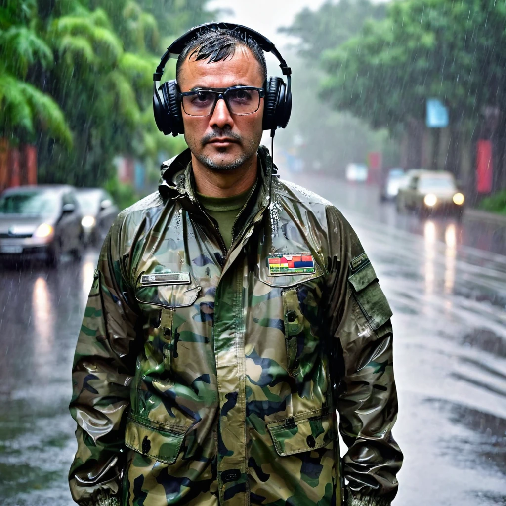 A 40-year-old man, looking at the camera, dressed in a camouflage army jacket, camouflage army pants, army lace-up boots, active army headphones and shooting glasses on his head, his clothes were thoroughly wet from the rain.
rain, fog, deserted street, deserted road, noir.