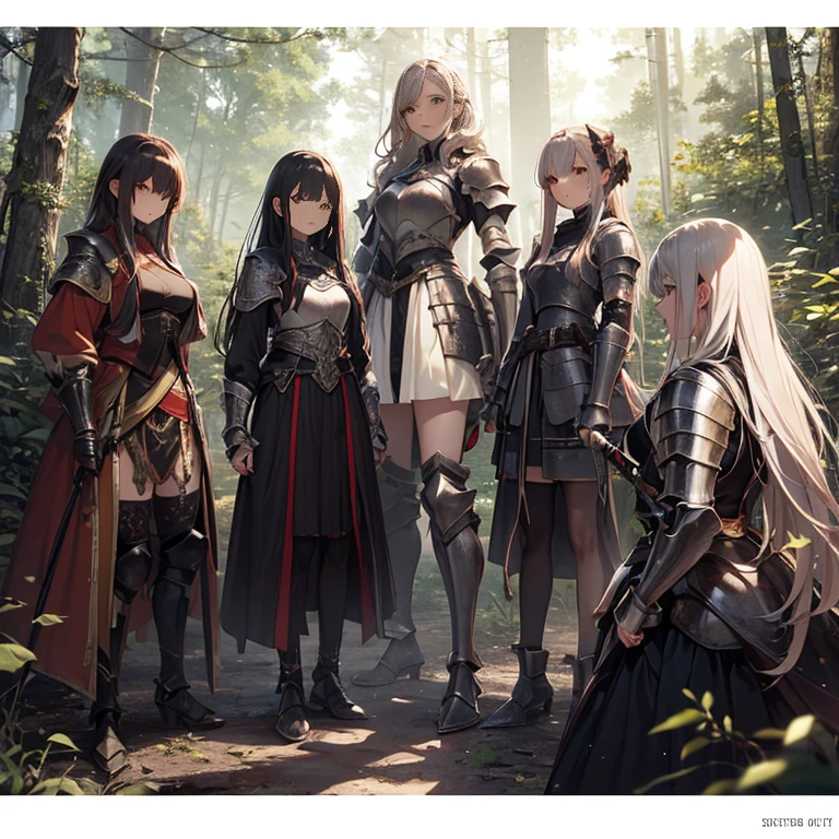 A group of female knight, (in forest), various hair styles, harem, wearing armored clothes, metal armor, night, details face, , short skirt, seducing, sword