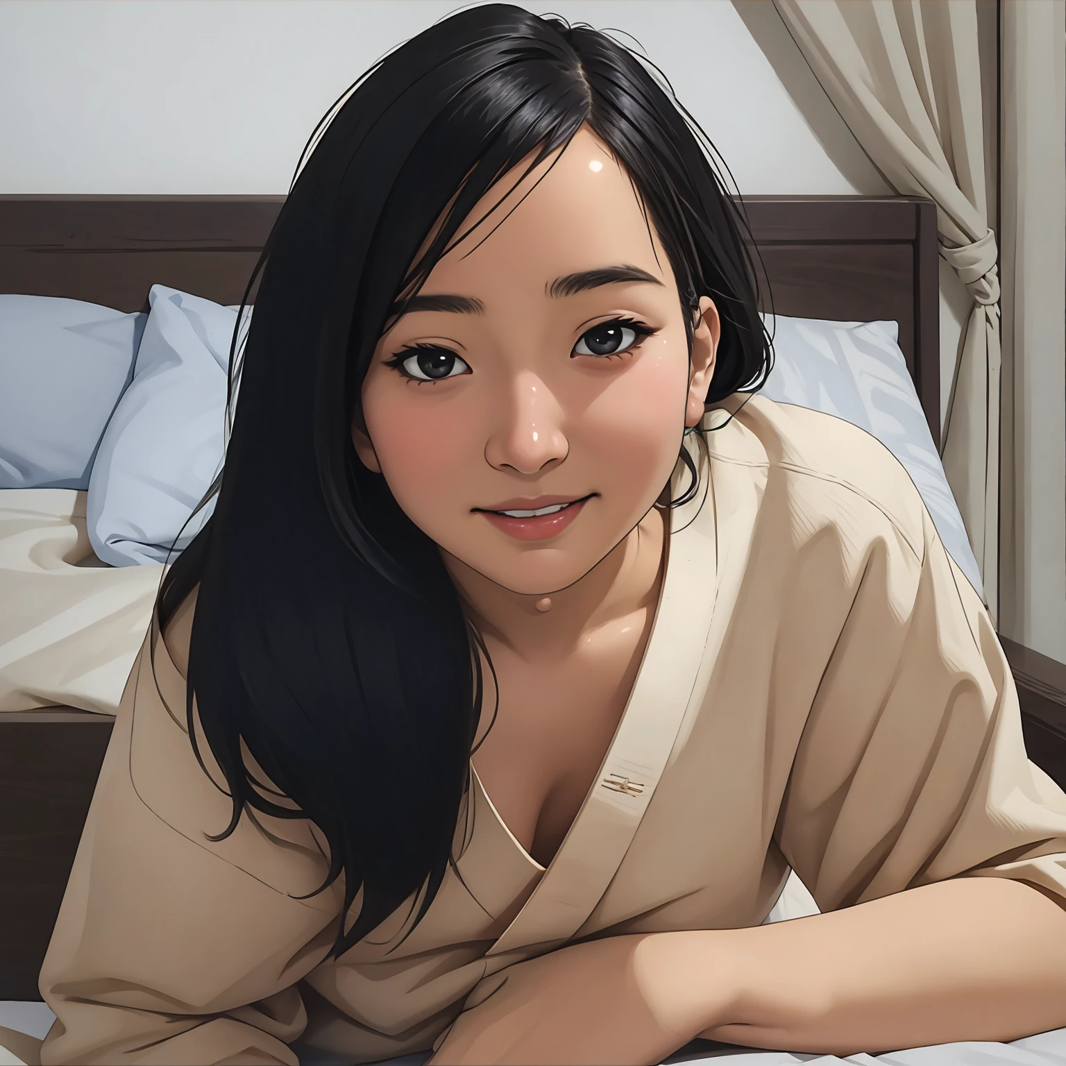Risa, black haired japanese girl, sitting in bed , cute, beautiful, realistic style, highly detailed, 4k, look at camera, face close-up, (NUDE), highly detailed face, seductive