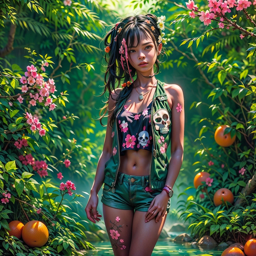 (1 girl - open face), full height, very cute). (pretty young black girl, black hair), (green: 1.5, orange: 1.1, white: 1.3, yellow: 1.3) , (very sexy female rapper with dreadlocks), (tattoos), (naked body parts), (down jacket: 1,2), (Nude body jacket, thong, shorts, short tank top). (fractal, cherry blossoms, green leaves, fog, circles background). ((skulls, flowers, fruits)).(Perfect composition, beautiful detailed complex insanely detailed octane render trending on artstation), (8k art photography, photorealistic concept art), (soft natural volumetric cinematic perfect light, chiaroscuro, photography, award-winning), (masterpiece).