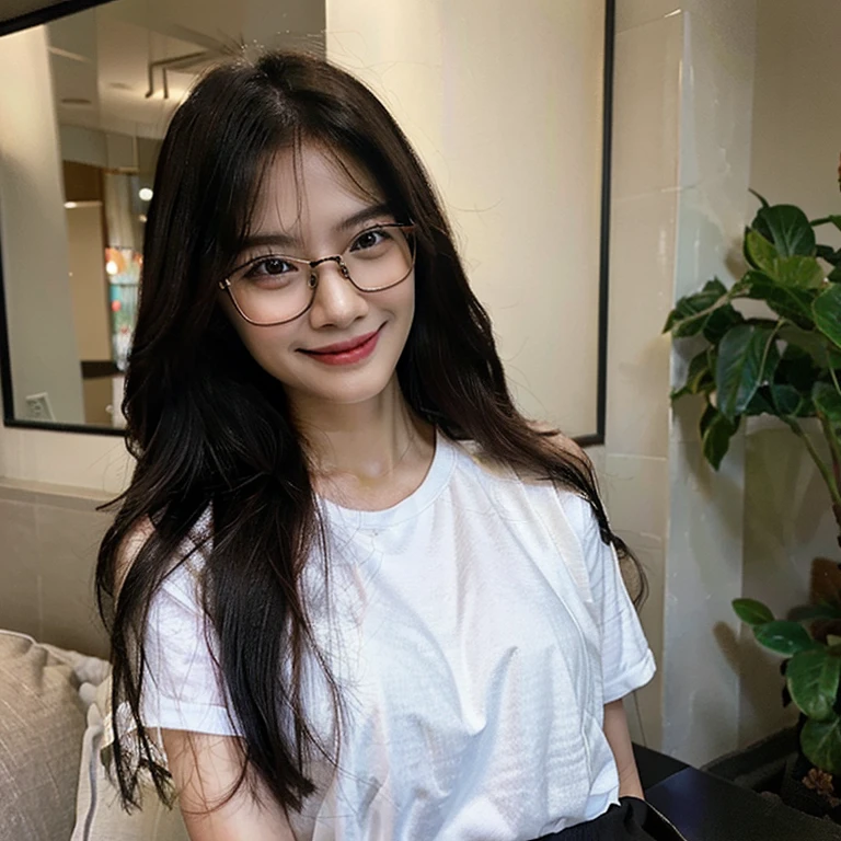 Create a photorealistic image. A portrait of a pretty 30 year old Malaysian woman. She has long hair and is wearing glasses. She is smiling.