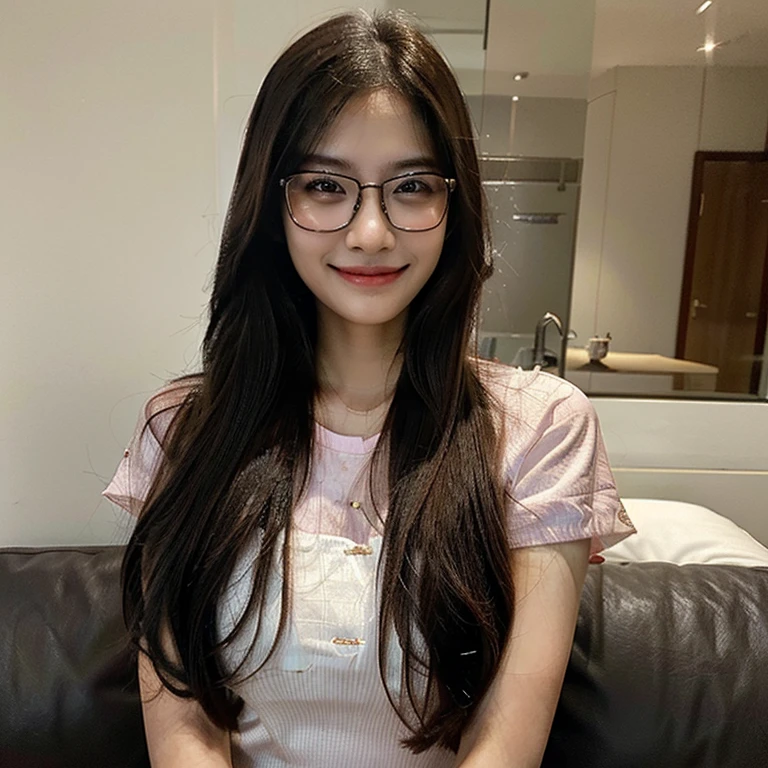 Create a photorealistic image. A portrait of a pretty 30 year old Malaysian woman. She has long hair and is wearing glasses. She is smiling.
