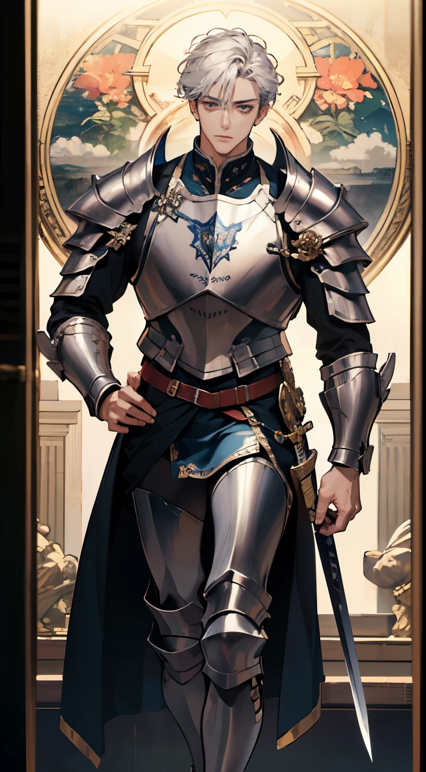 (absurdres, highres, ultra detailed), 1 male, adult, handsome, tall muscular guy, broad shoulders, finely detailed eyes and detailed face, the knights \tarot\, royal knight, full body silver armor, sword, Symbolism, Visual art, Occult, Universal, Vision casting, Philosophical, Iconography, Numerology, Popularity, Artistic, Alfons Mucha