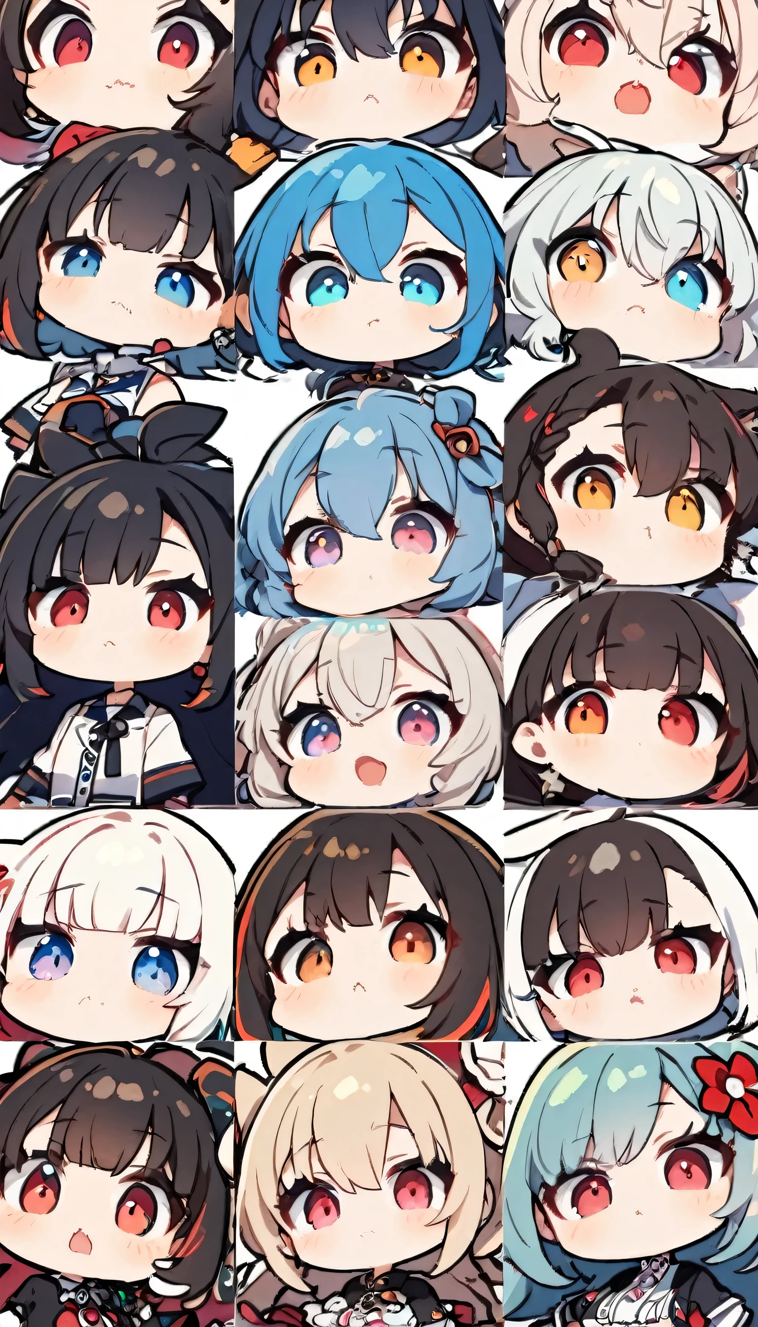 9 different designed chibi anime girl avatars with different hair colors and different eye colours spaced apart in separate rows and columns