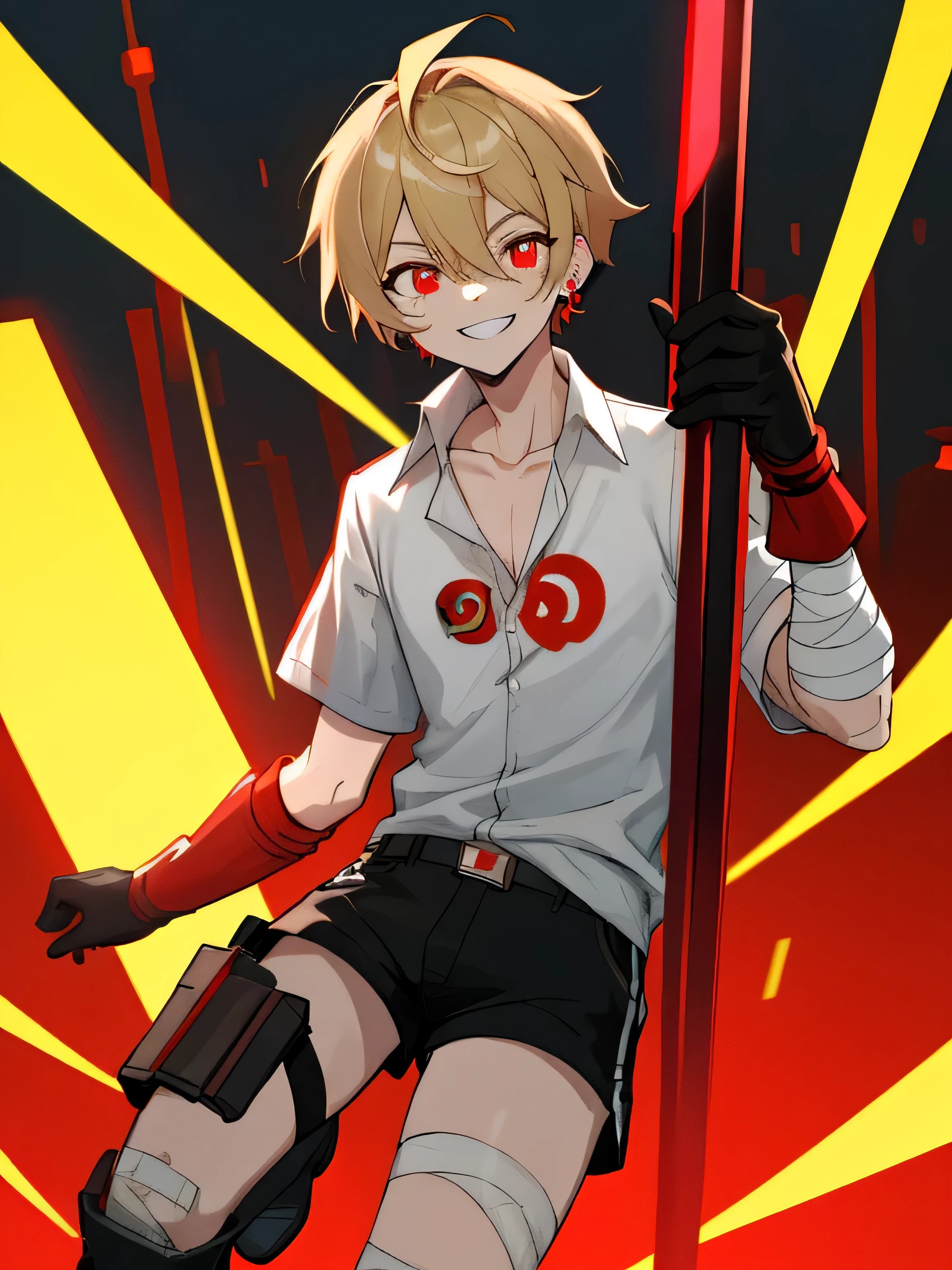 (masterpiece, best quality, absurdres, very detailed eyes), 1boy bandages bandaid bandaid on knee bandaid on leg black shorts blonde hair boots cleaver collarbone cyberpunk earrings closeup gloves grin armcannon forshortening looking at viewer red eyes red gloves shirt short hair shorts smile solo white shirt neon skyscrapers night outside
