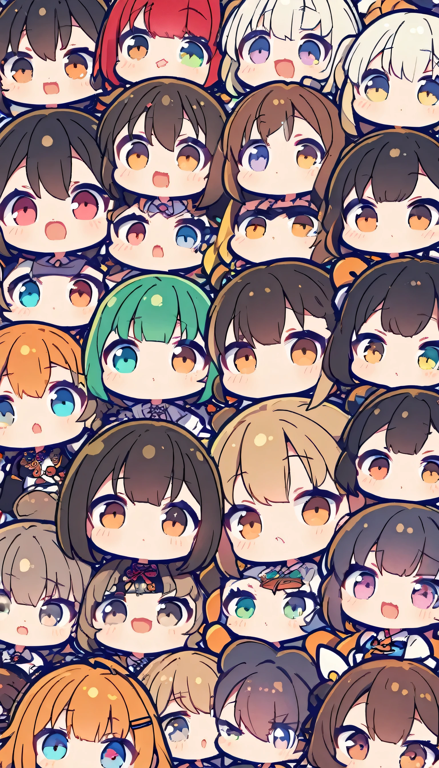 9 different designed chibi anime girl avatars with different hair colors and different eye colours spaced apart in separate rows and columns