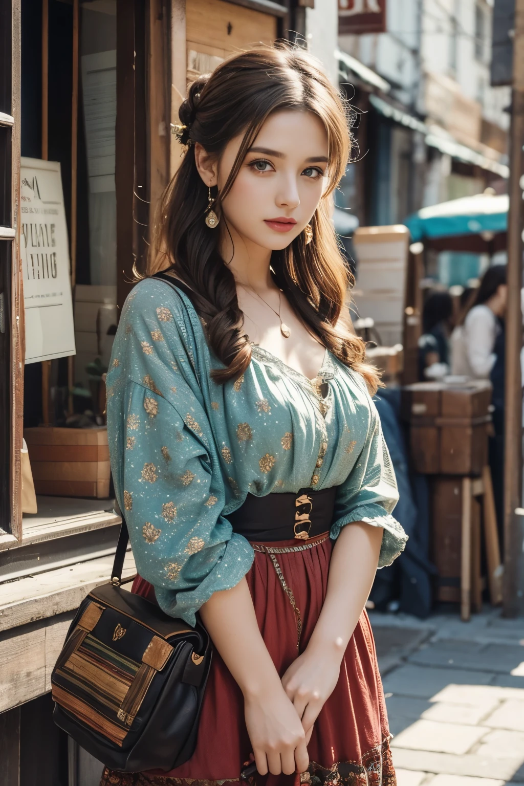 Beautiful woman in cluttered urban vintage bohemian outfit, different actions, 