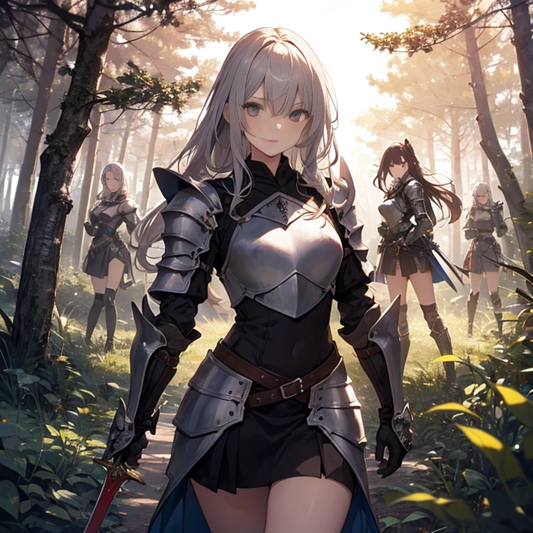 A group of  female knight, (in forest), various hair styles, harem, wearing armored clothes, metal armor, night, details face, , short skirt, seducing, sword 