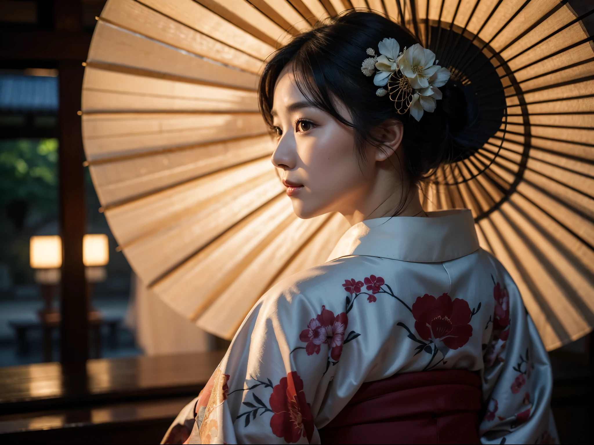 8k Uhd, Dslr,Film Grain, Fujifilm XT3,(Best Quality:1.3), (Masterpiece:1.1), High Resolution, Cinematic Light, Intricate Details, (Photorealistic) (night scene in old osaka) create a realistic backlight dramatic photography beautiful japanese geisha girl, ((facial texture pore detail)), feudal edogawa era, wearing satin kimono with japanese traditional motif, open shoulder show full body tattoo, holding traditional folding fan, posing inside japan traditional villa, 8K