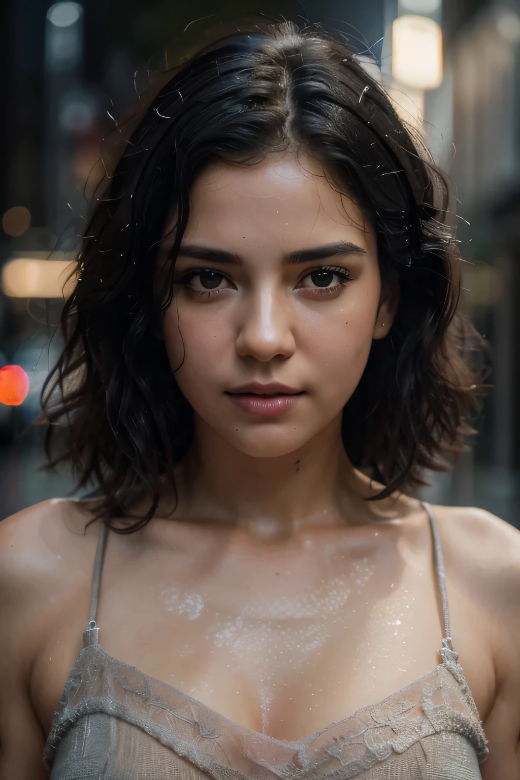 Random Pose, mix4, (8K, RAW photo, best quality, masterpiece: 1.45), (Realistic, photorealistic: 1.37), One girl, cute, cityscape, night, rain, wet, professional lighting, photon mapping, radiosity, physically based rendering, gradient black hair, short curly hair, handsome, girl, t-shirt, top quality photos, high resolution, 1080p, (Clear Face), (Detailed Face Description), (Detailed Hand Description), (Masterpiece), (Exquisite CG), Extreme Light and Shadow, Tousled Hair, Masterpiece, Rich Detail, (Fine Facial Features), (Best Quality Photo), (Masterpiece), (Fine Eyes), Look In Front of You, Fine Clavicle,